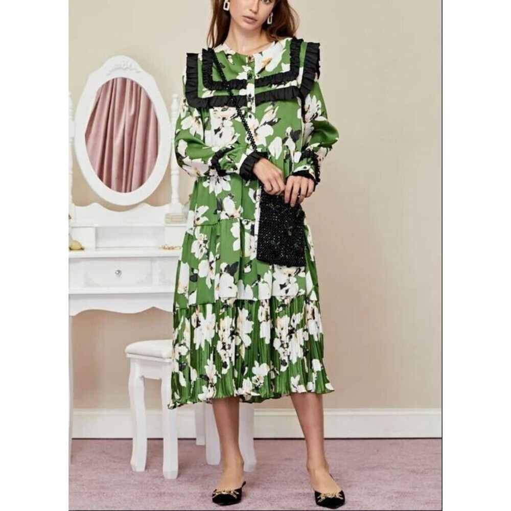 Sister Jane Flora Dorm Ruffle Midi Dress XS Floral Green Long Sleeve Big Collar - Picture 2 of 7